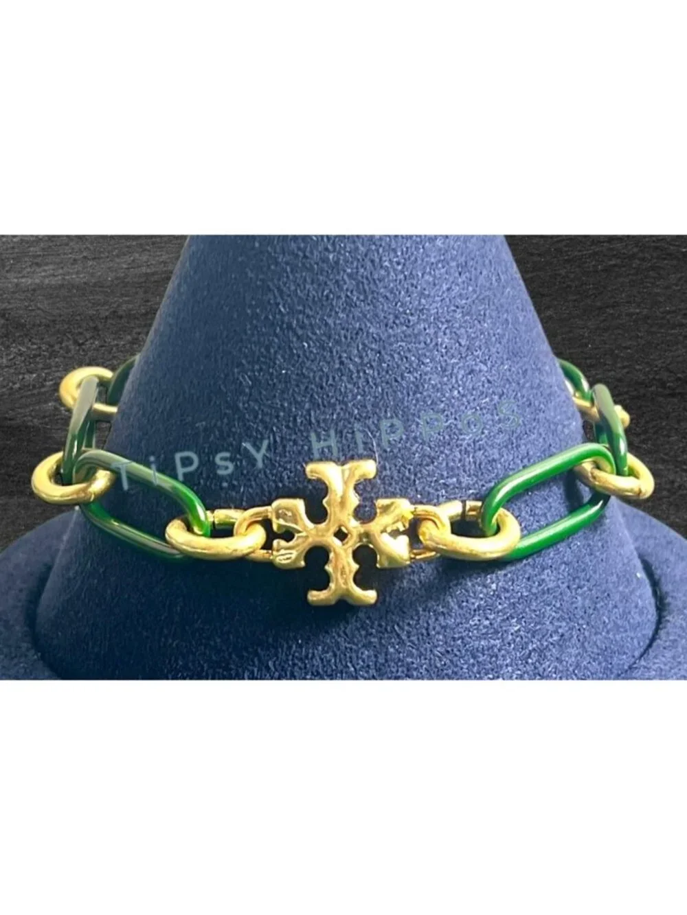 Tory Burch Women's Gold & Green Link Roxanne Bracelet With Logo